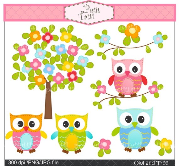 owl clip art, cute tree clip art , Digital clip art  for all use,Owl and flowers tree, instant download clip art tree