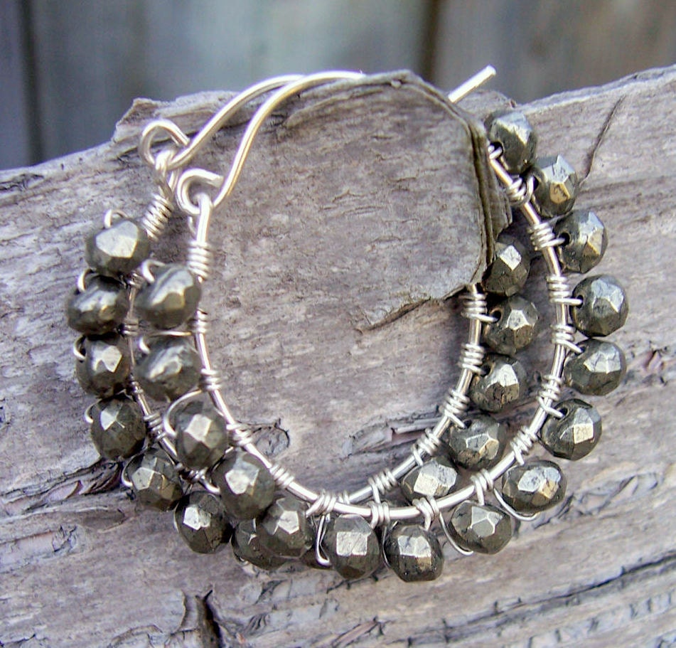 Pyrite and sterling silver wire wrapped hoops, pyrite jewelry