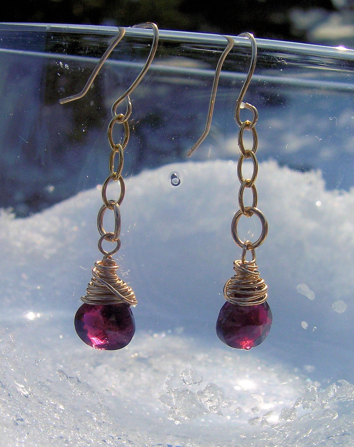 Garnet and gold wire wrapped dangle earrings, January birthstone