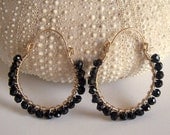 Black spinel earrings, black spinel jewelry, black spinel  gold wire wrapped hoop earrings
