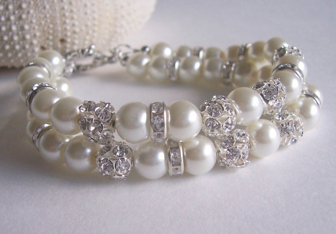 Ivory pearl and rhinestone double strand bracelet, wedding bracelet