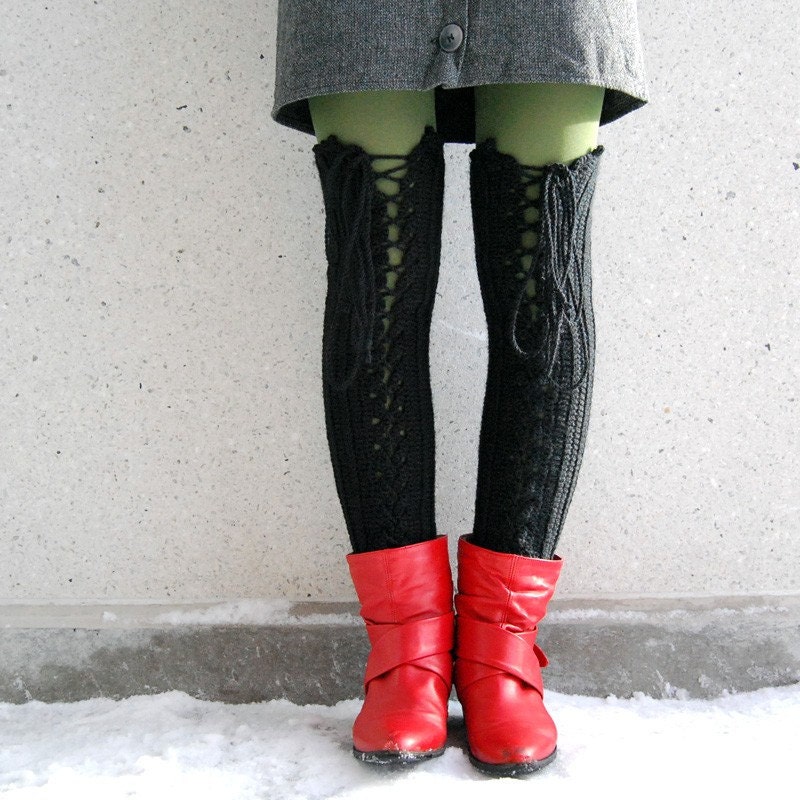 SPRING SALE Thigh High Lace-Up Leg Warmers in Black - READY TO SHIP