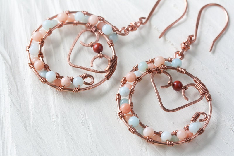 Wirework Hoop Earrings - Wire Wrapped Pastel Pink Jasper and Amazonite Beaded Hoop Earrings - copper wirework jewelry