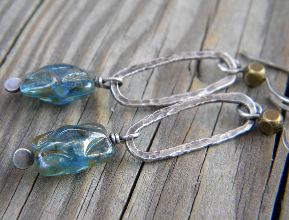 Blue Glass Sterling Silver Earrings Brass Cube Oblong Ring Diamond Sapphire Handcrafted Jewelry