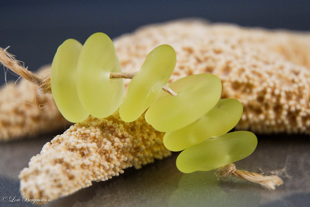 Pale Green Handmade Lampwork Beads, Organic faux Sea Glass Discs, Etched, SRA