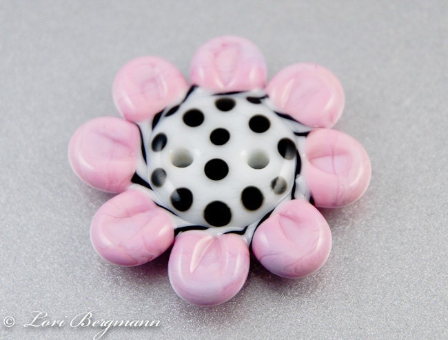 Handmade Lampwork Glass Button, Pink Daisy with Black and White Dots, SRA
