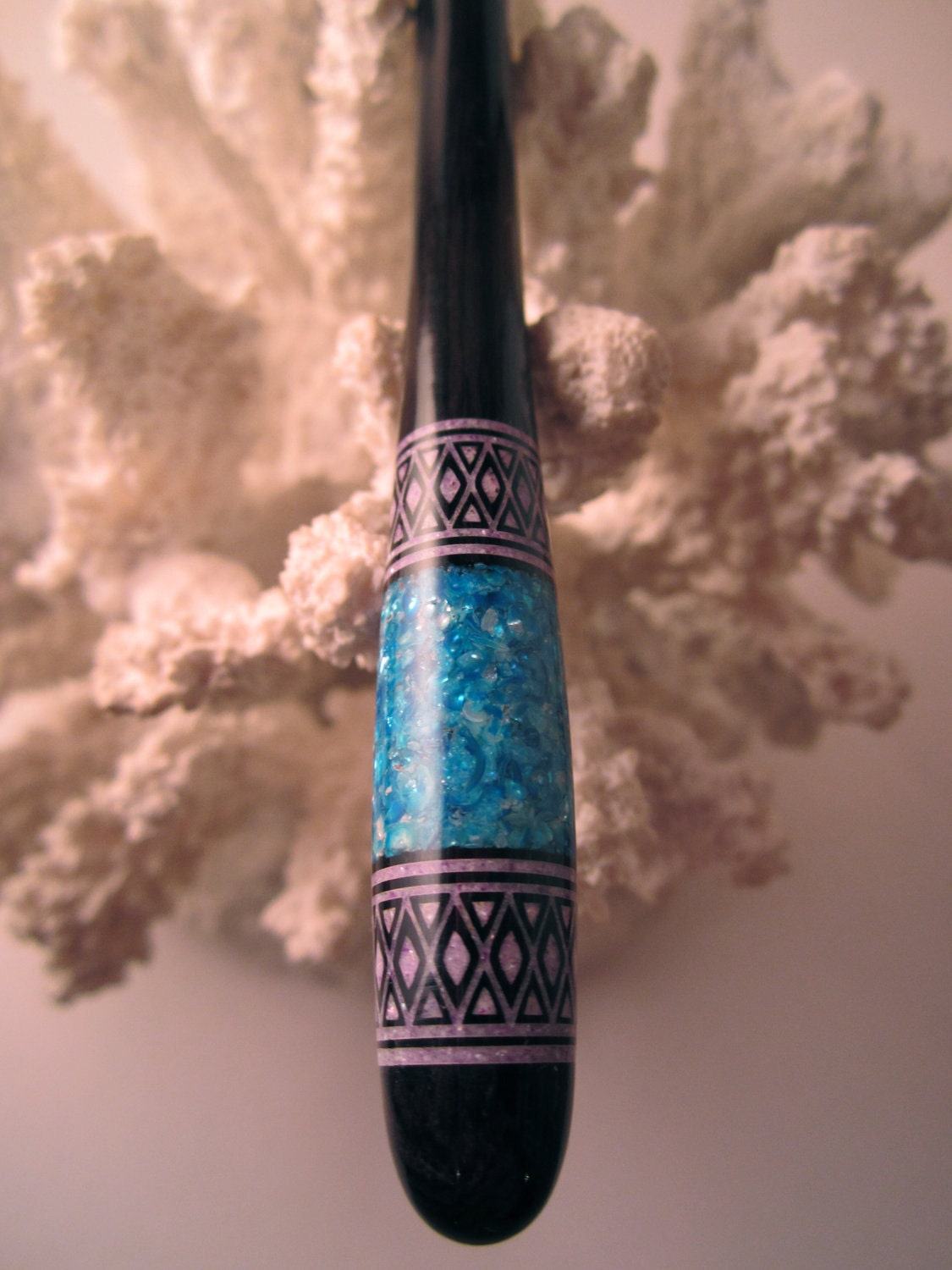 RESERVED - The "Petite" Chloe Regal Design Hairstick Featuring African Blackwood Inlaid with Purple and Turquoise Fresh Water Pearls