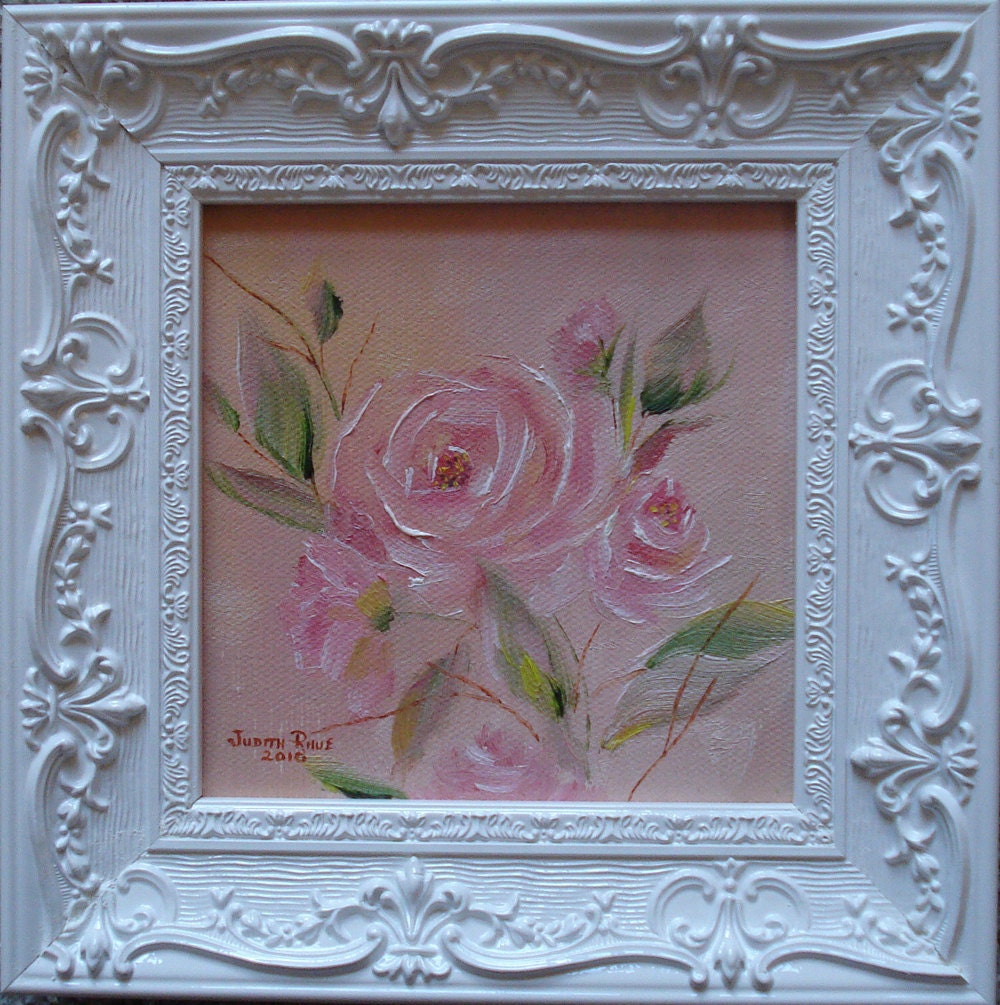 Oil painting framed still life pink flowers Bella Petite by Judith Rhue