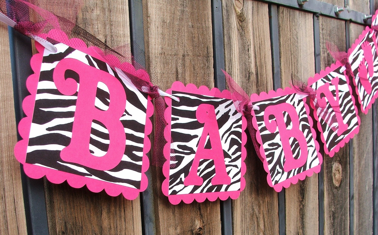 BABY SHOWER - Hot Pink & Zebra Banner with Footprints