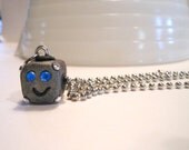 Sweet Blue eyed Jeweled Robot Head Necklace Steampunk Jewelry