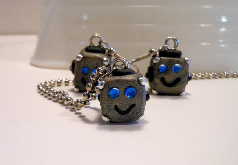 Sweet Blue eyed Jeweled Robot Head Earrings and Necklace set. Steampunk Jewelry