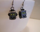 Sweet Green eyed Jeweled Robot Head Earrings Steampunk Jewelry