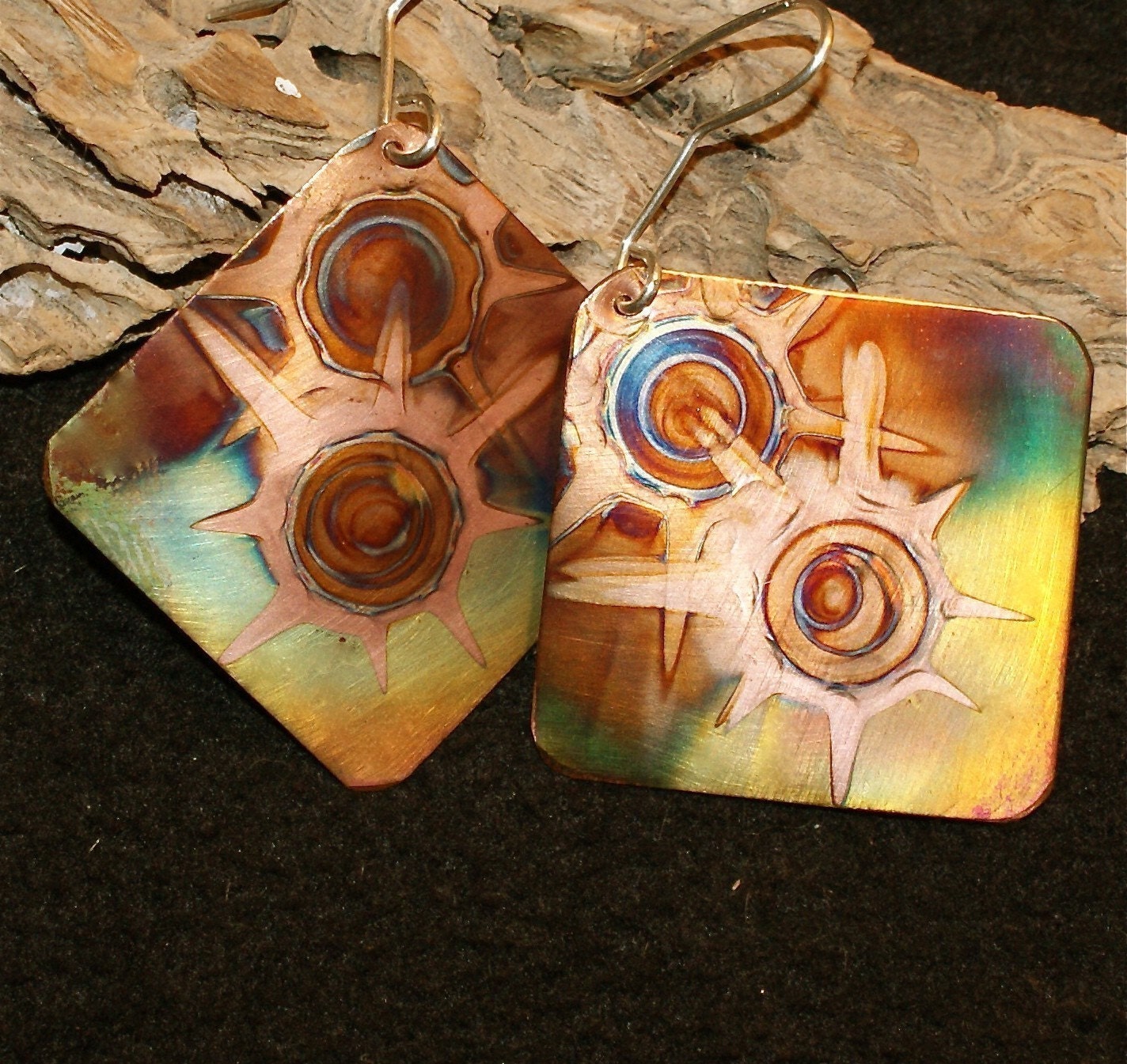Square copper earrings, yellow, green, copper jewelry
