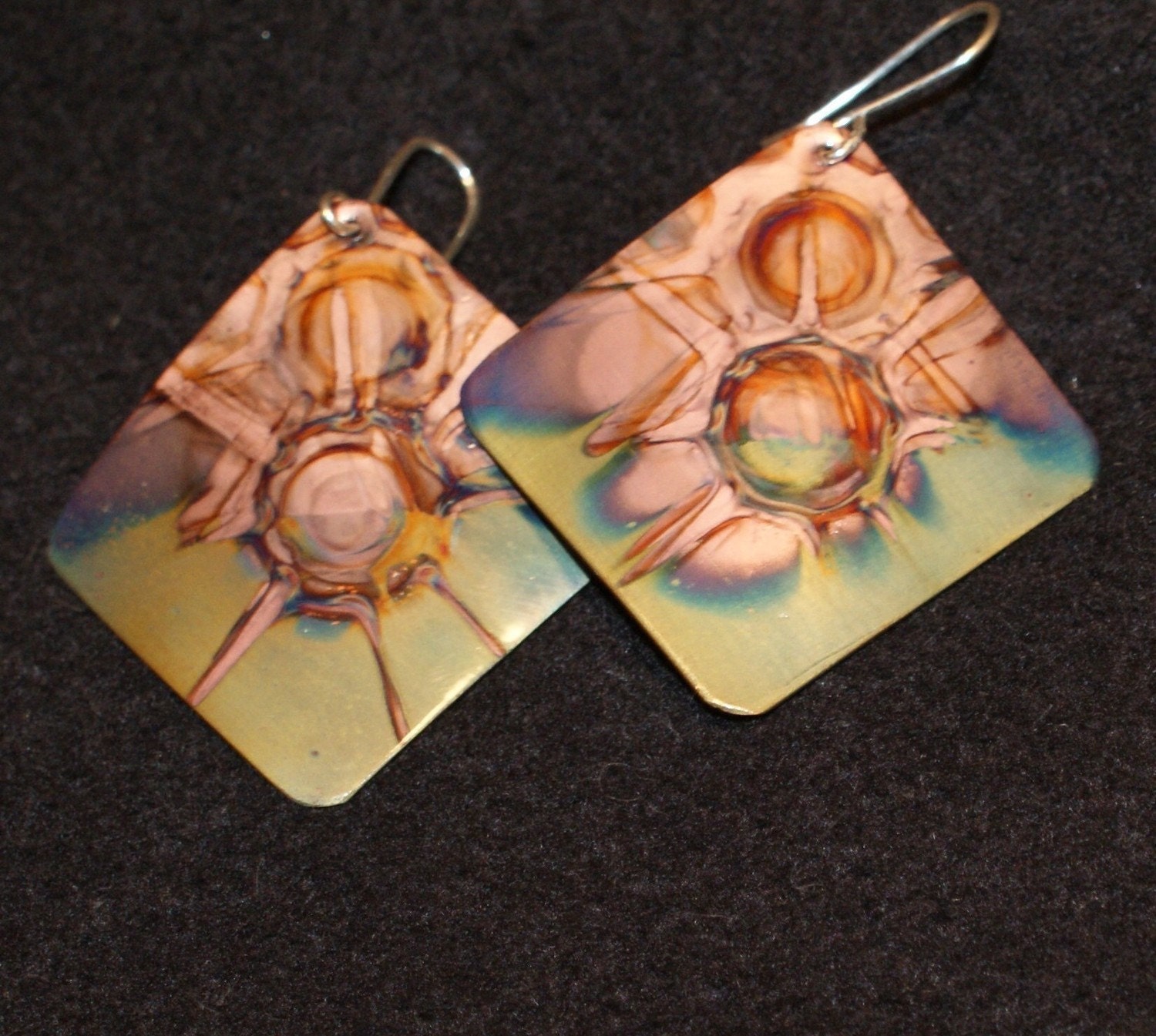 Square copper earrings, yellow, green, copper jewelry