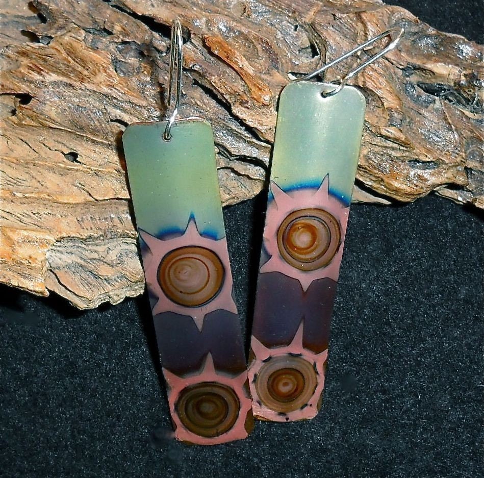 Green copper earrings, rectangular copper jewelry