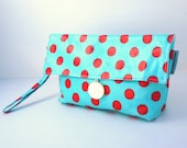 Cosmetics Clutch Aqua Red Dot Laminated Cotton