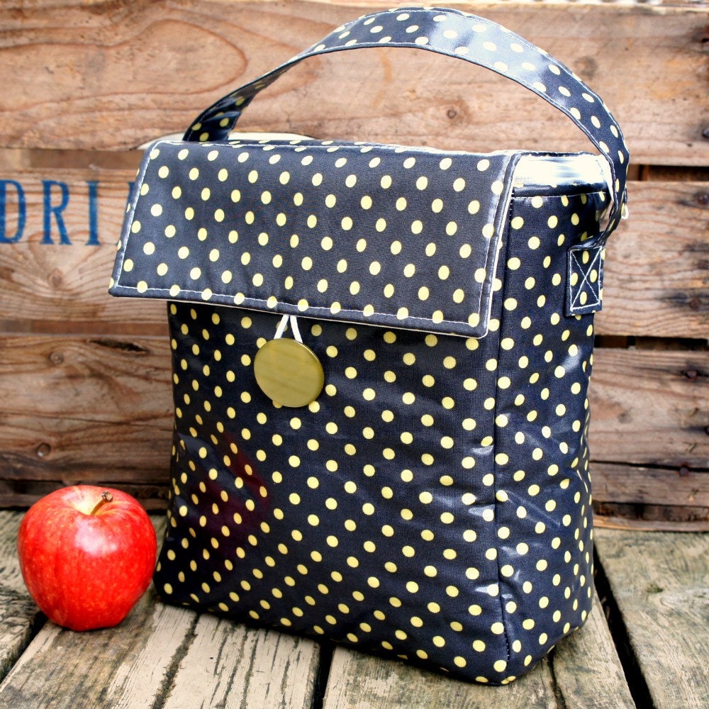 INSULATED Tall Boxed Lunch Bag in Grey and Citron Polka Dot with ZIPPER