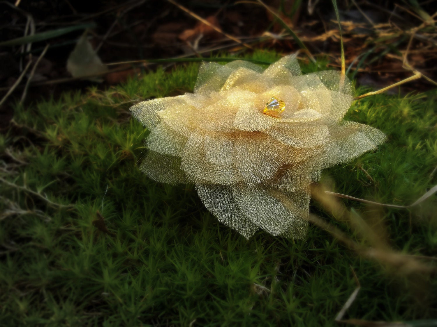Small Whimsical Simmery Gold Organza Bridal or Special Occasion Hair Flower Clip