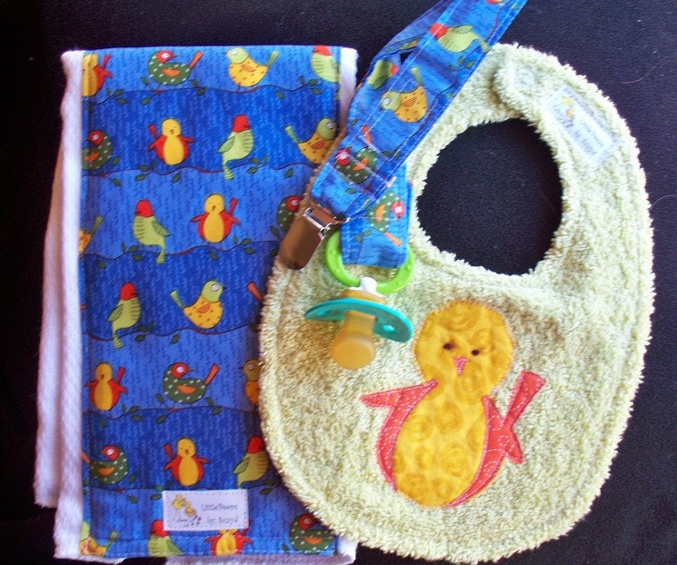 SALE  little birdie bib and burp set with FREE pacifier holder