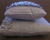 Blue and white ticking pillow cover with ruffle 16"x16"