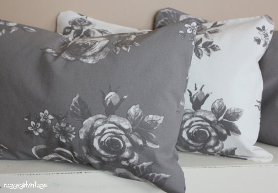 Gray on white roses spring decor pillow cover 16x24"