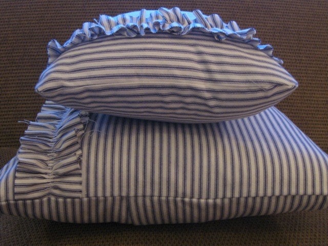 Blue and white ticking pillow cover with ruffle 16"x16"