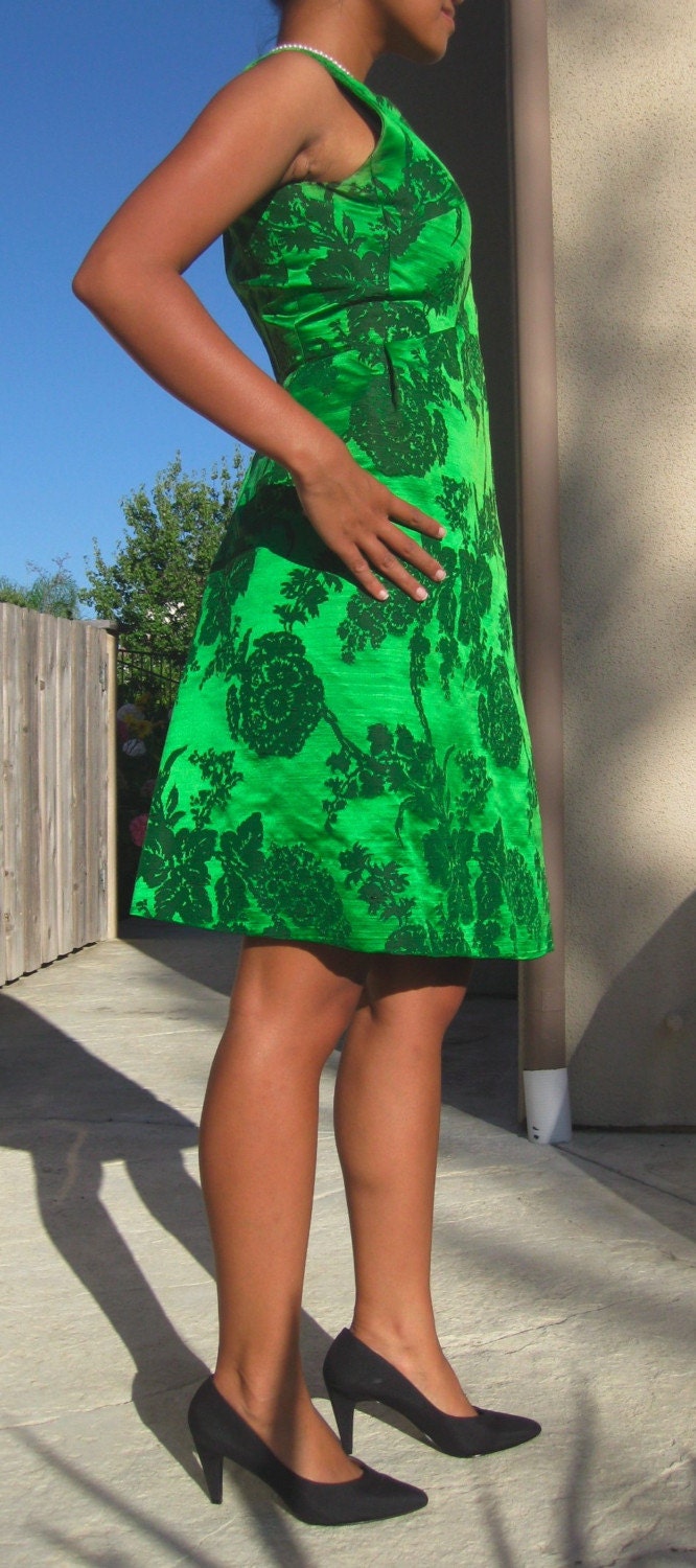 Mid 1950s Rare Christian Dior Green Silk Brocade A-line Cocktail Wedding Dress