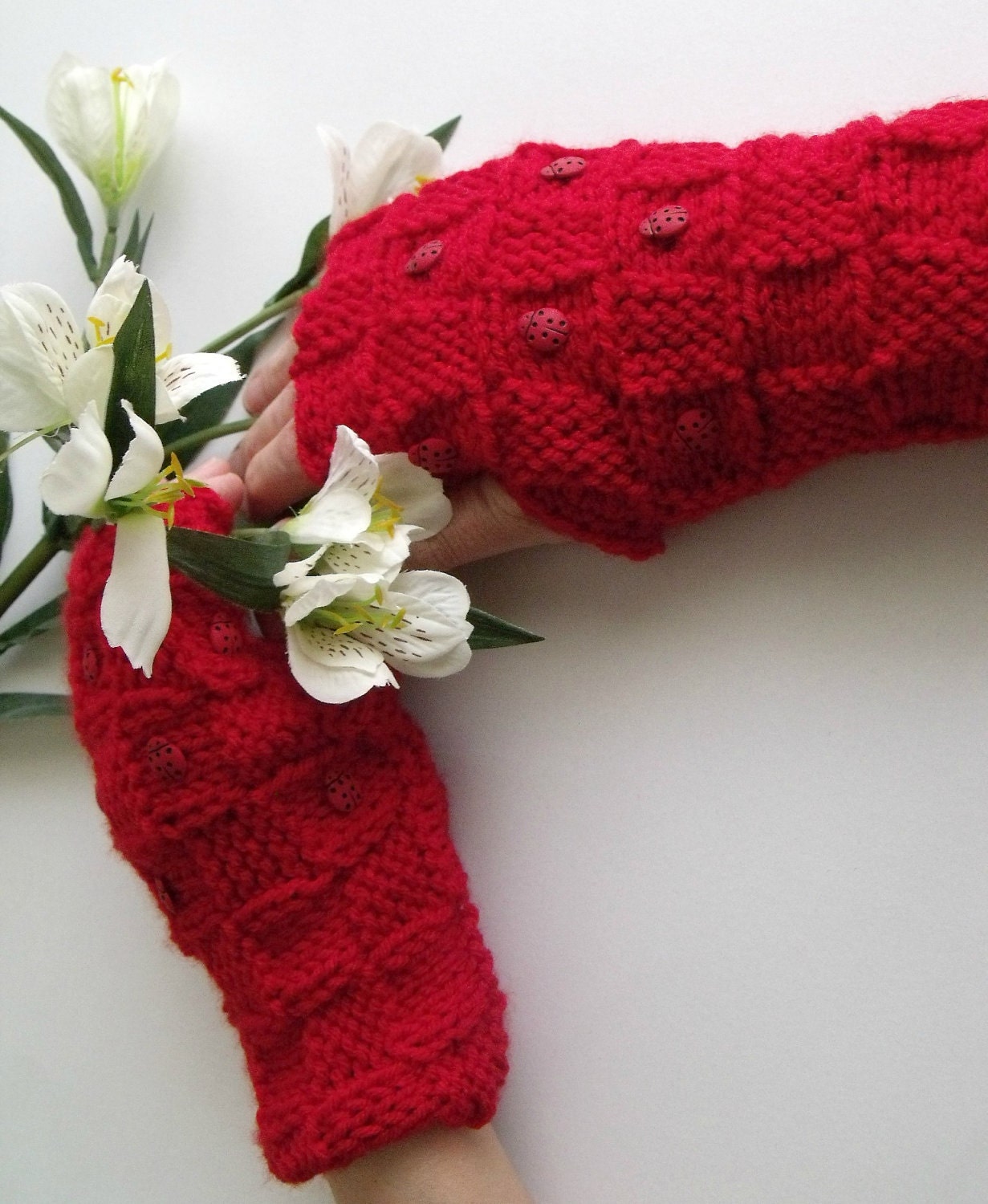 SUMMER SALE...Red LADYBUG Gloves - Wrist Warmers-Ready For Shipping