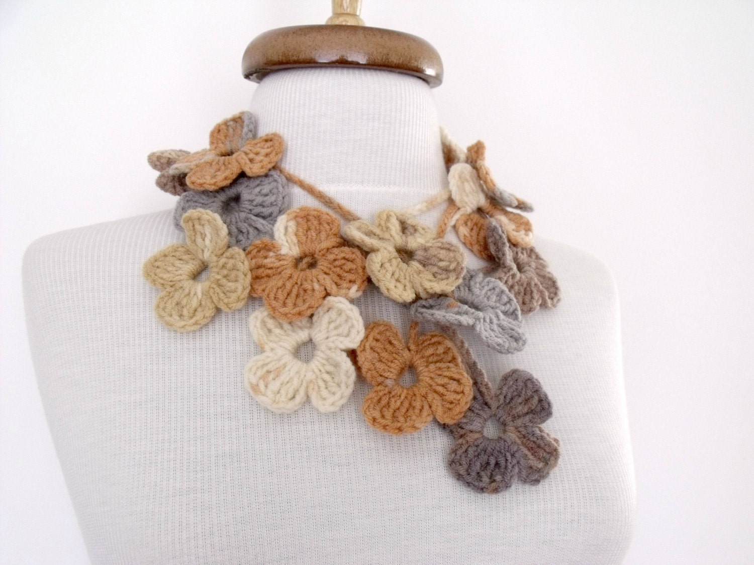 Cream, Brown,Grey Lariat- Scarf- Necklace Hand Crochet-Ready For Shipping