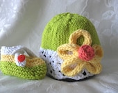 Hand Knitted Baby Hat in Lime Green and  White Lace with YELLOW FLOWER POWER -cotton knitted baby cloche-Knitted Children Clothing