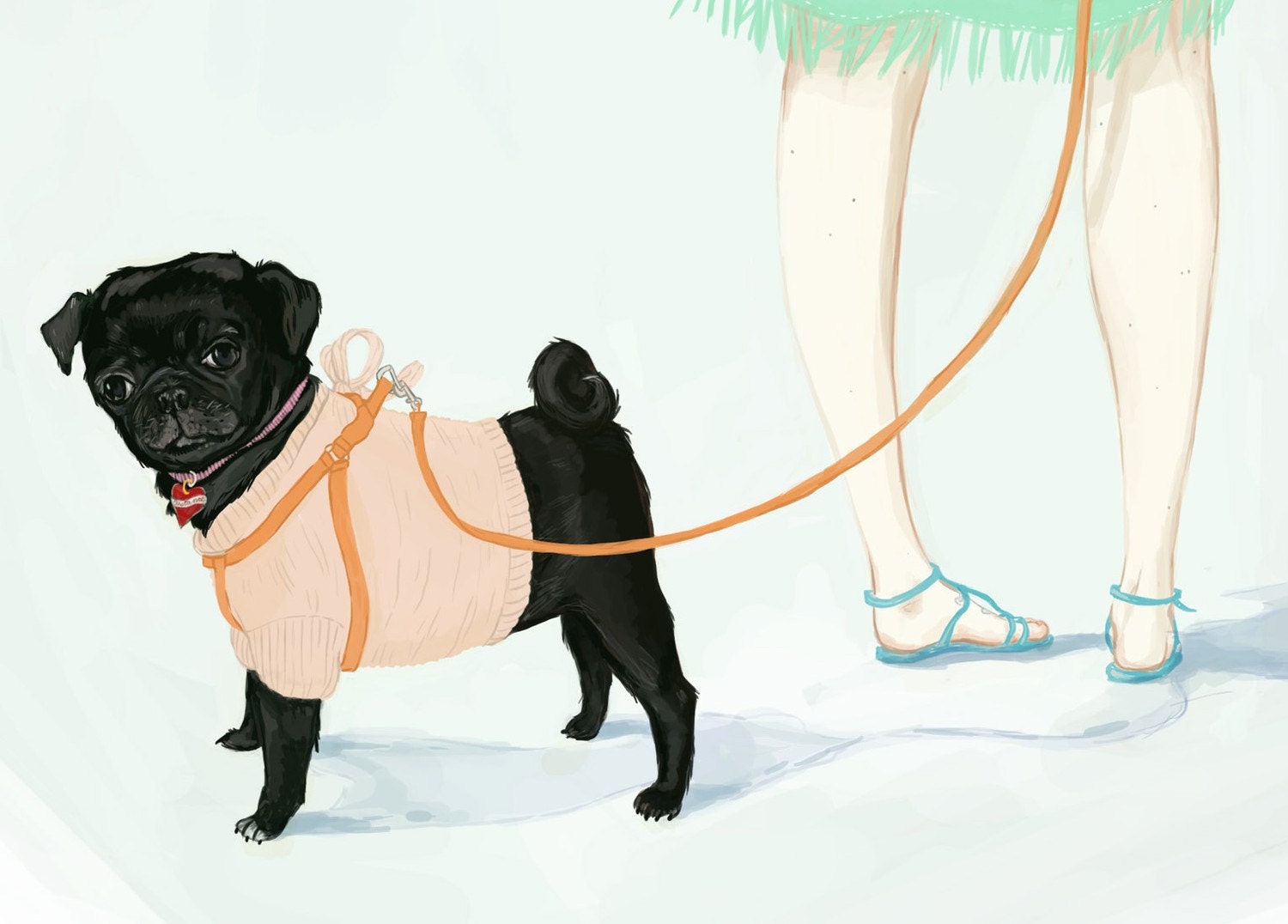 Connie // Girl going at the Beach with Black Pug in a Peach Sweater - pauletrudelbellemare