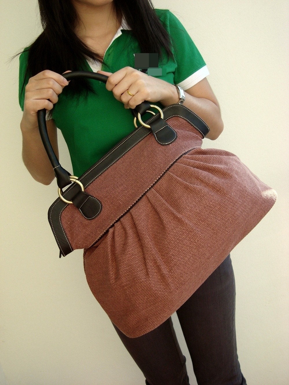 Handbag, Diaper bag, women bag, Brick Color Sackcloth Handbag