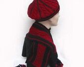 Red and Black Beret Hat and Matching Scarf - Hand Knit Acrylic