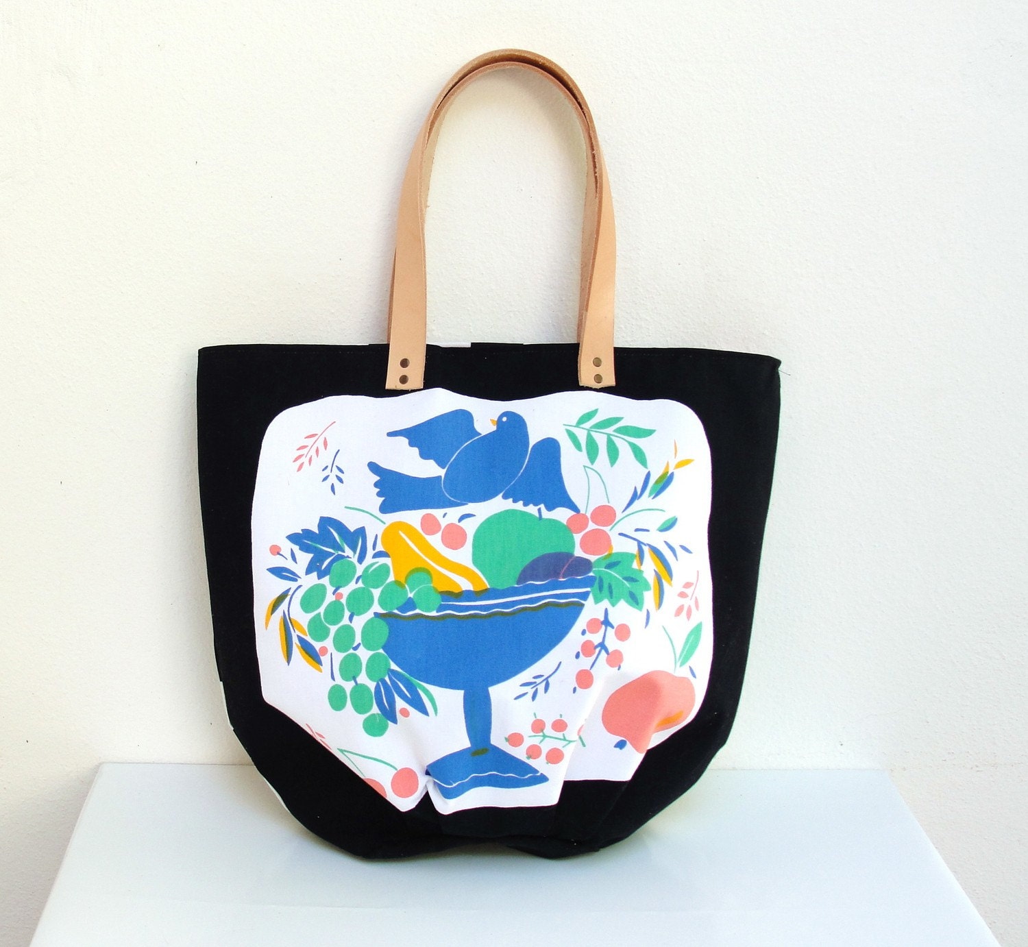The Tampella Tote - Vintage bird and fruit printed Cotton with Leather handles