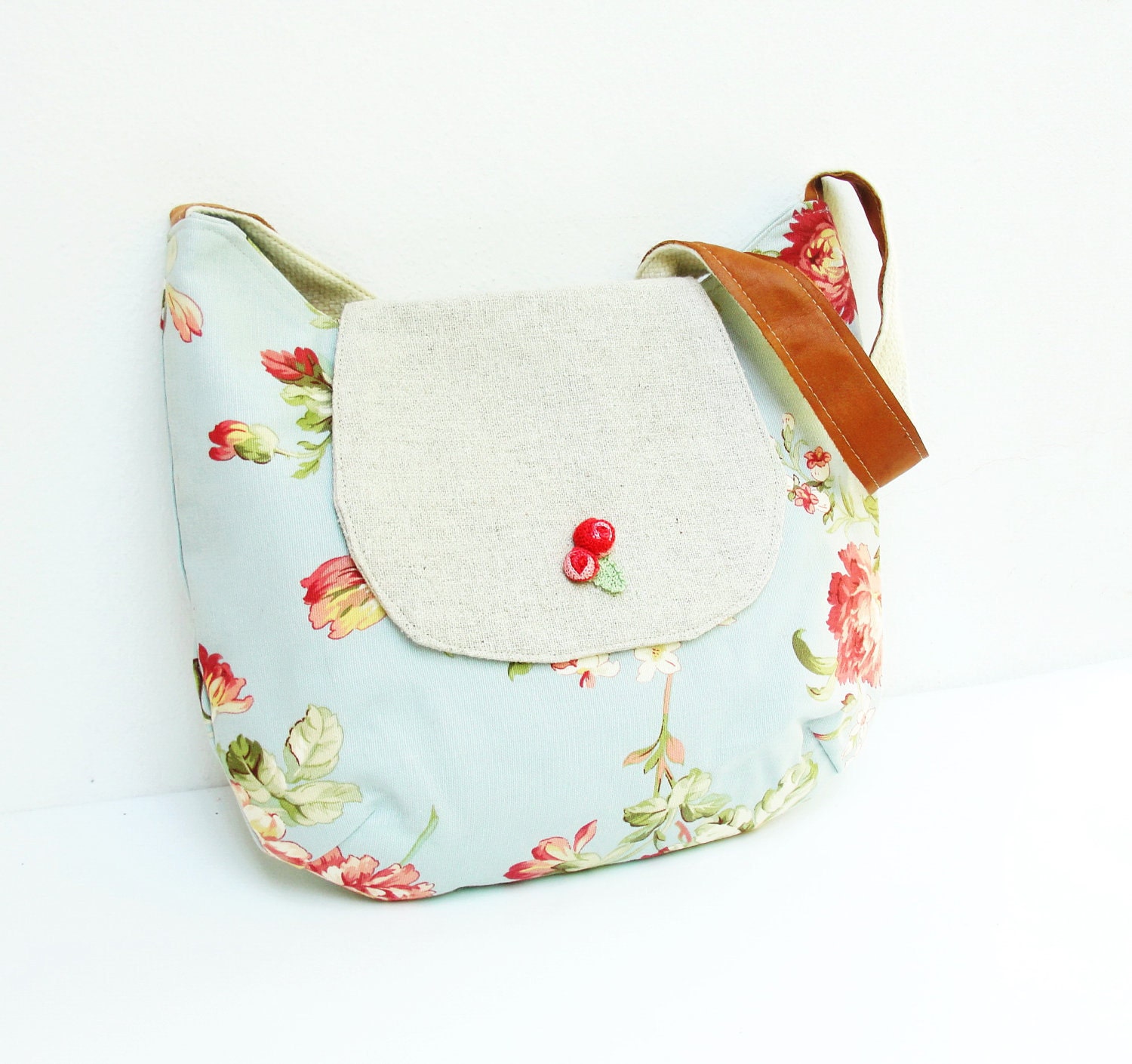 Spring Lover- Floral Cotton Shoulder Bag with Leather Strap