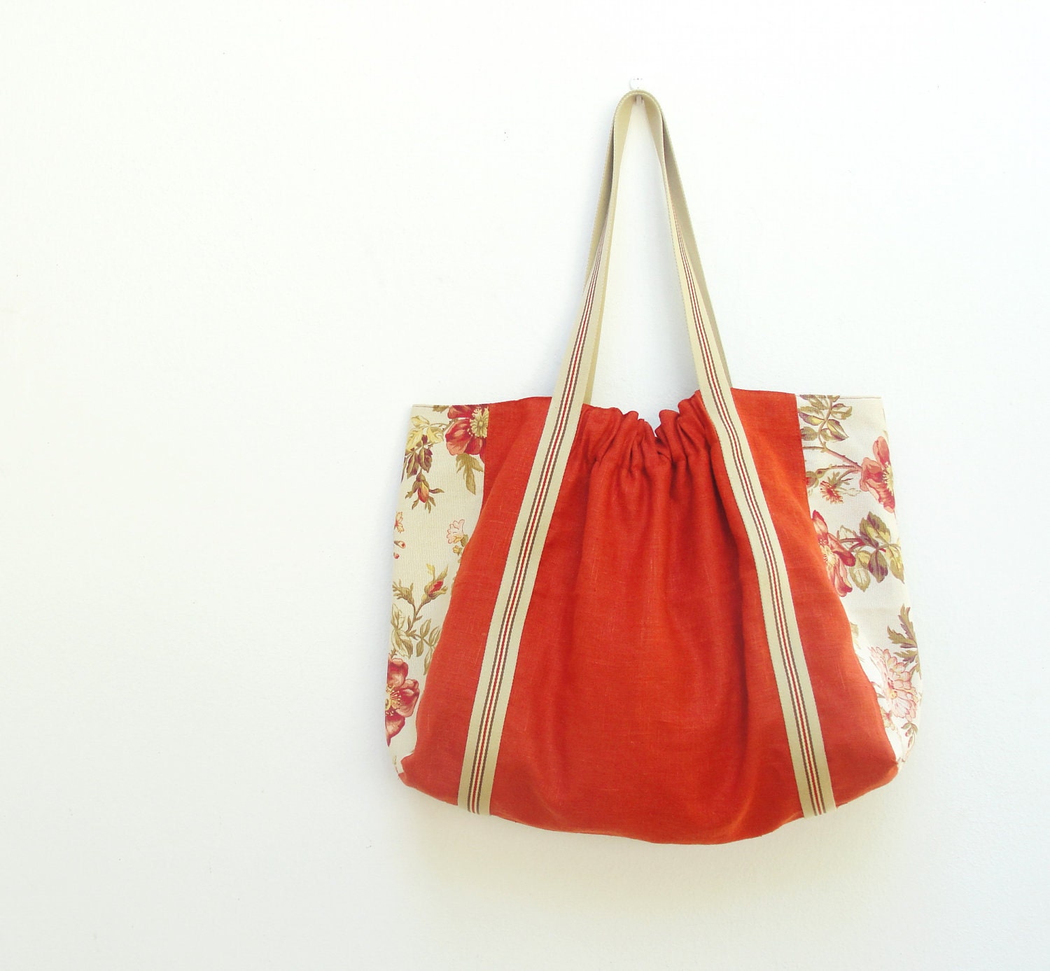 Shaqraa - Large Tote - Burnt Orange Linen, Vintage Floral Canvas