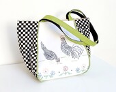 Chicken Farm Bag - Shabby Chic - Vintage Embroidery, Vintage handstamped Fabric and Leather Straps