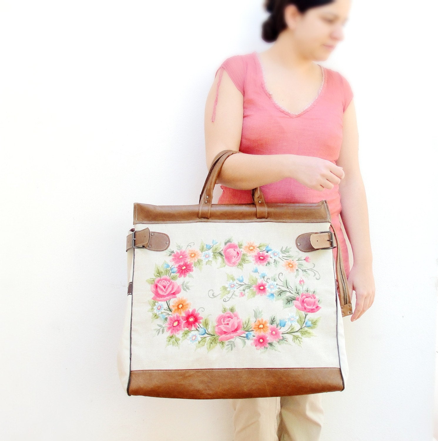 RESERVED Romantic Getaway Weekender - Leather, Embroidery and Canvas