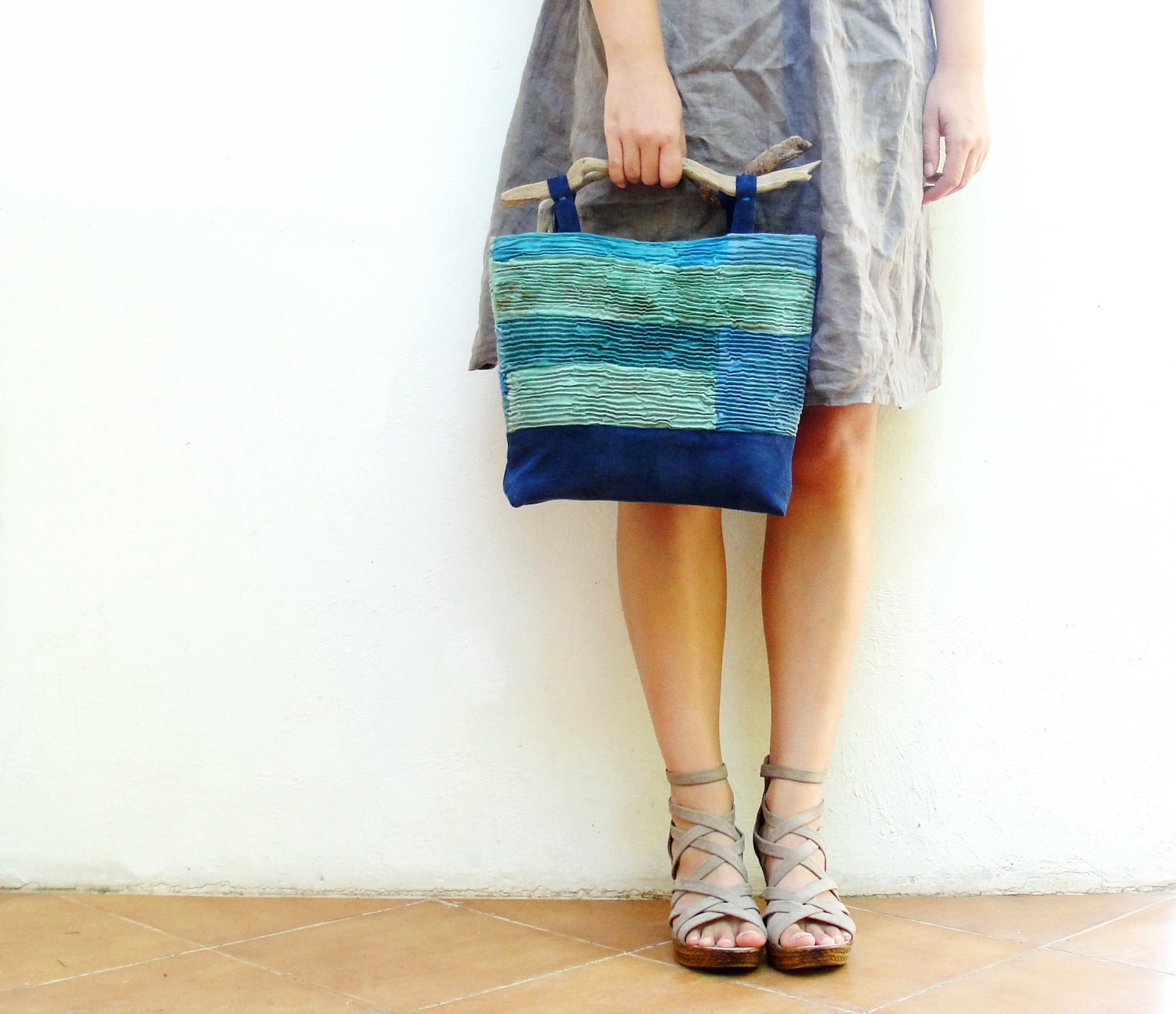 Ocean Breeze Bag - Smocked Hand Dyed Linen with Driftwood Handles and Leather details