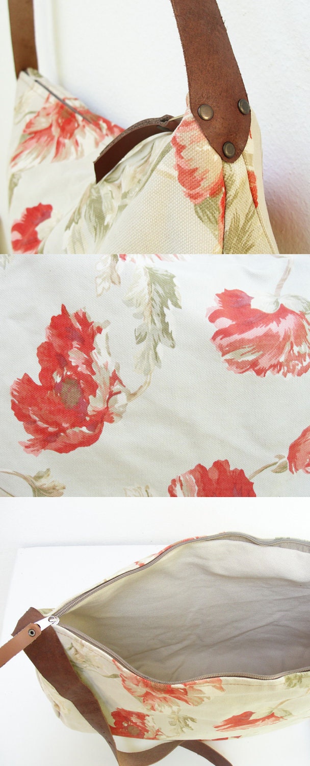 Poppy Love- Floral Cotton Cross Body Shoulder Bag with Leather Strap