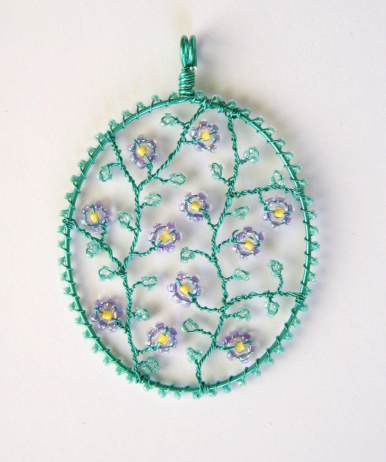 SALE 25% OFF Chintz pendant wire-wrapped lilac flowers with teal leaves