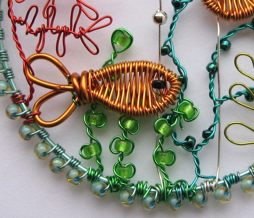 In The Shallows wire and bead underwater coral reef scene pendant