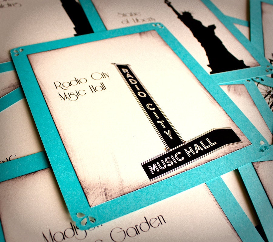 NYC Wedding Table Number Cards Tiffany Robins Egg Blue Cream Black New York State Landmarks Setting Sign