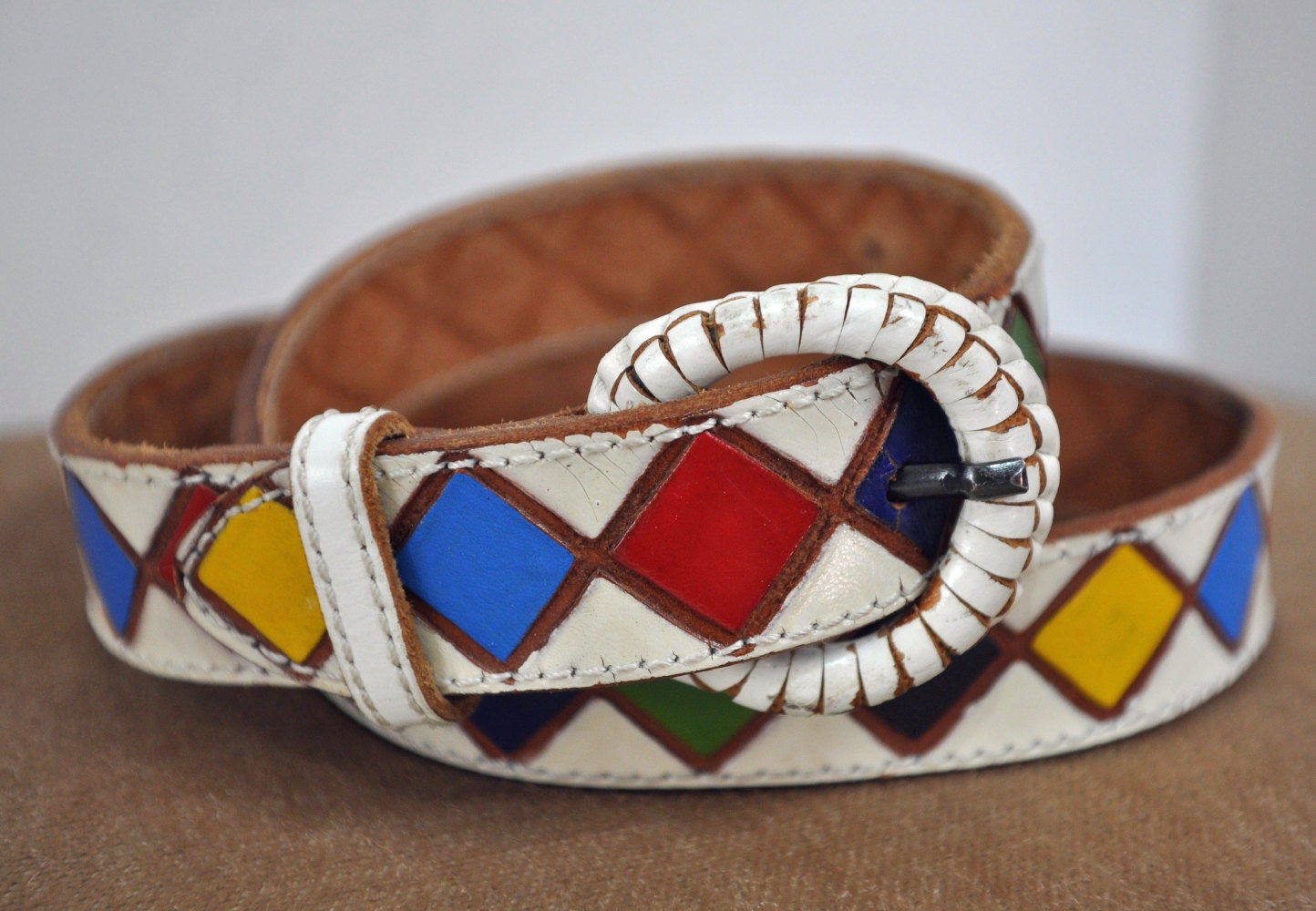 70s womens vintage leather BELT / colorful BOHEMIAN hippie belt Made in Mexico- Size s/m