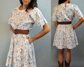 Pink Cotton Day Dress / 70s Vintage Full Circle Skirt Summer Dress Dolman Sleeves Hipster Floral Grunge Mini Dress S / M