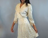 80s dress Romantic PARTY Dress / cream damask crocheted LACE dress / Micro Pleat Skirt / Dripping Lace Dress XS / S extra small / small