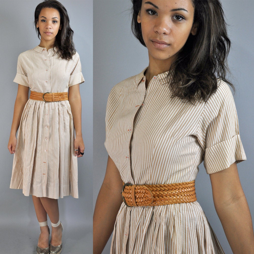 50s dress cotton seersucker DAY DRESS - Full Skirt rockabilly day dress w/ peter pan collar xs/s extra small / small