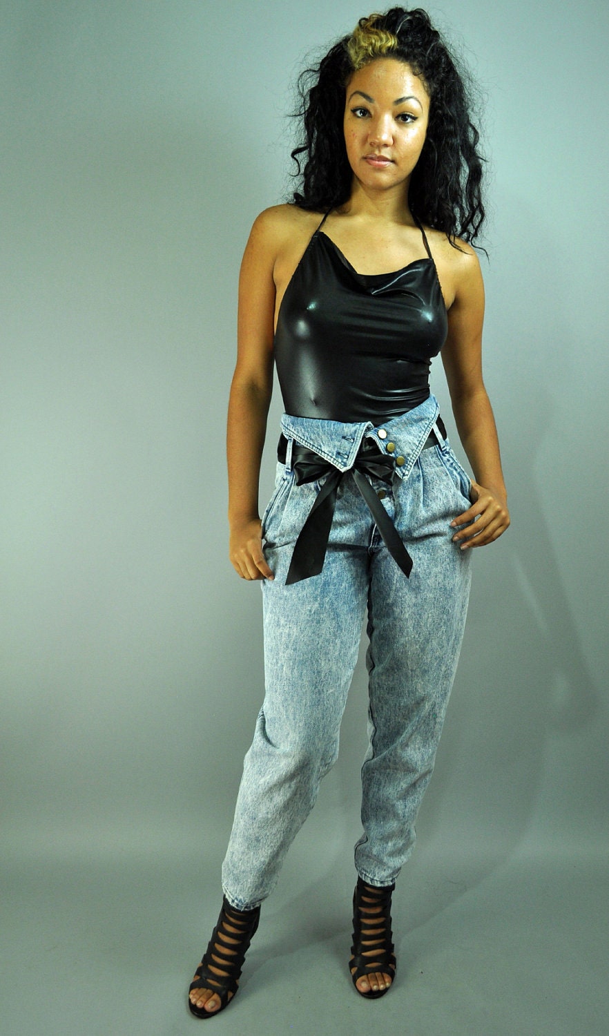 80s high waist FOLDOVER denim jeans - skinny leg harem jeans ACID wash denim w/ super high rise & pleated front M / Medium