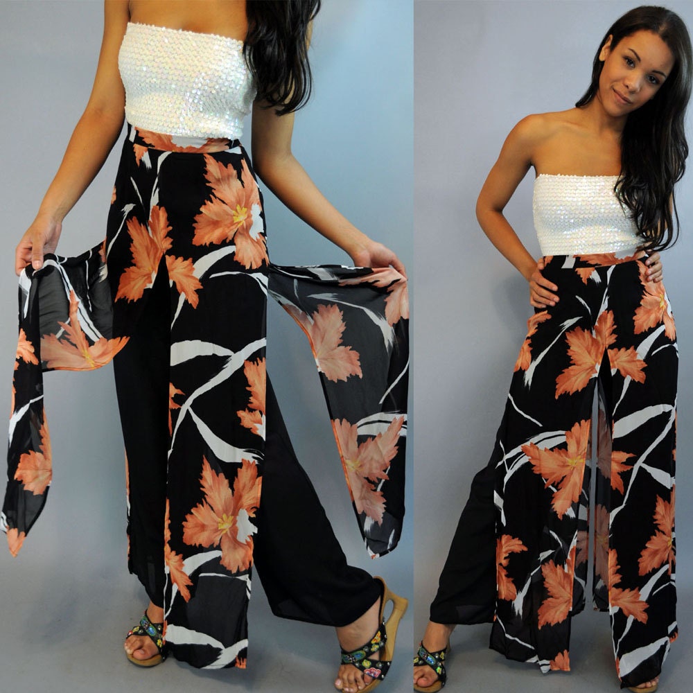 90s vintage PALAZZO PANTS slinky high waist bell leg mod palazzo disco pants w/ Sheer Panels Size S