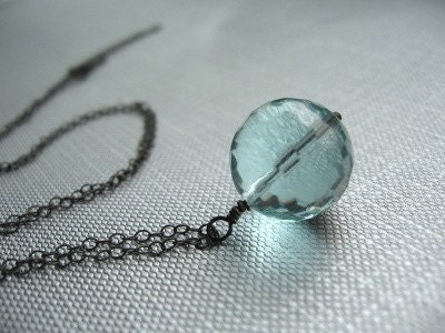 Handmade Necklace, Aquamarine Faceted Round, Oxidized Sterling Silver - Ball and Chain